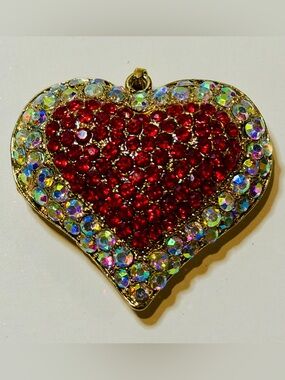 Large Red Rhinestone Heart Pendant Gold Tone Crystal Statement Charm 2”